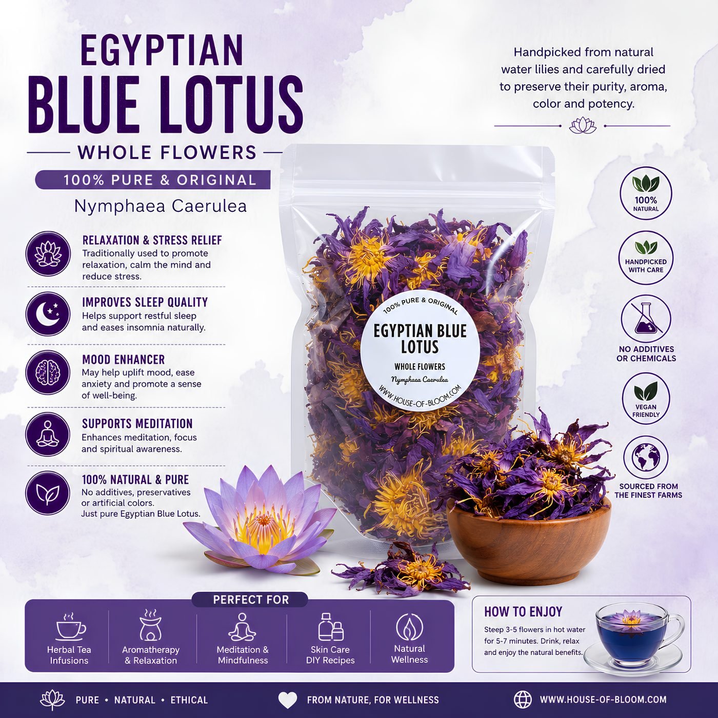 Egyptian Blue Lotus Whole Flowers